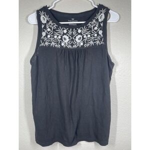 Talbots Black White Embroidered Sz Medium Tank Top 100% Cotton Sleeveless